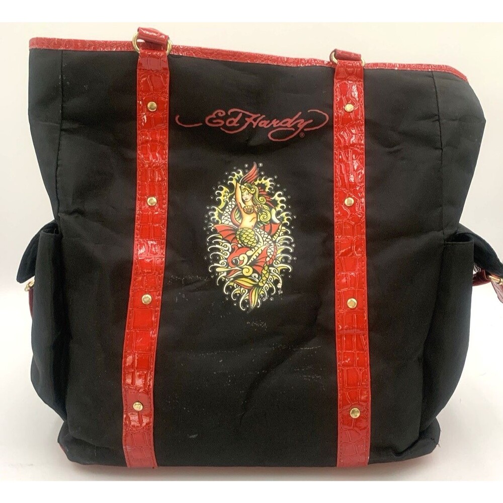 Y2K Vintage Ed Hardy Black & Red Mermaid Tattoo Print Tote Shoulder Bag Large